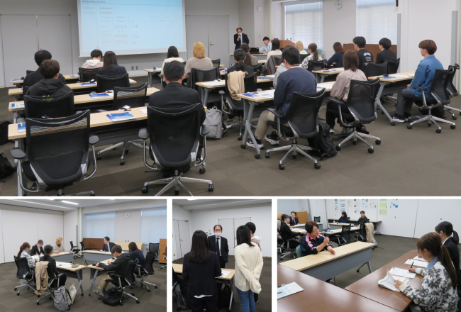 検察官体験プログラム当日の様子(学生たちが説明を受ける様子、模擬取調べを体験する様子）