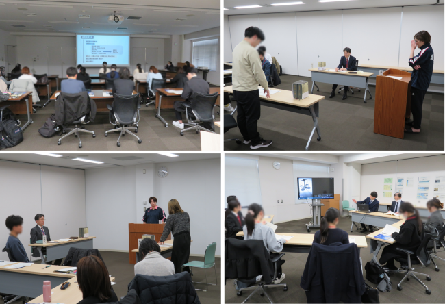 検察官体験プログラム当日の様子(学生たちが説明を受ける様子、模擬取調べを体験する様子）